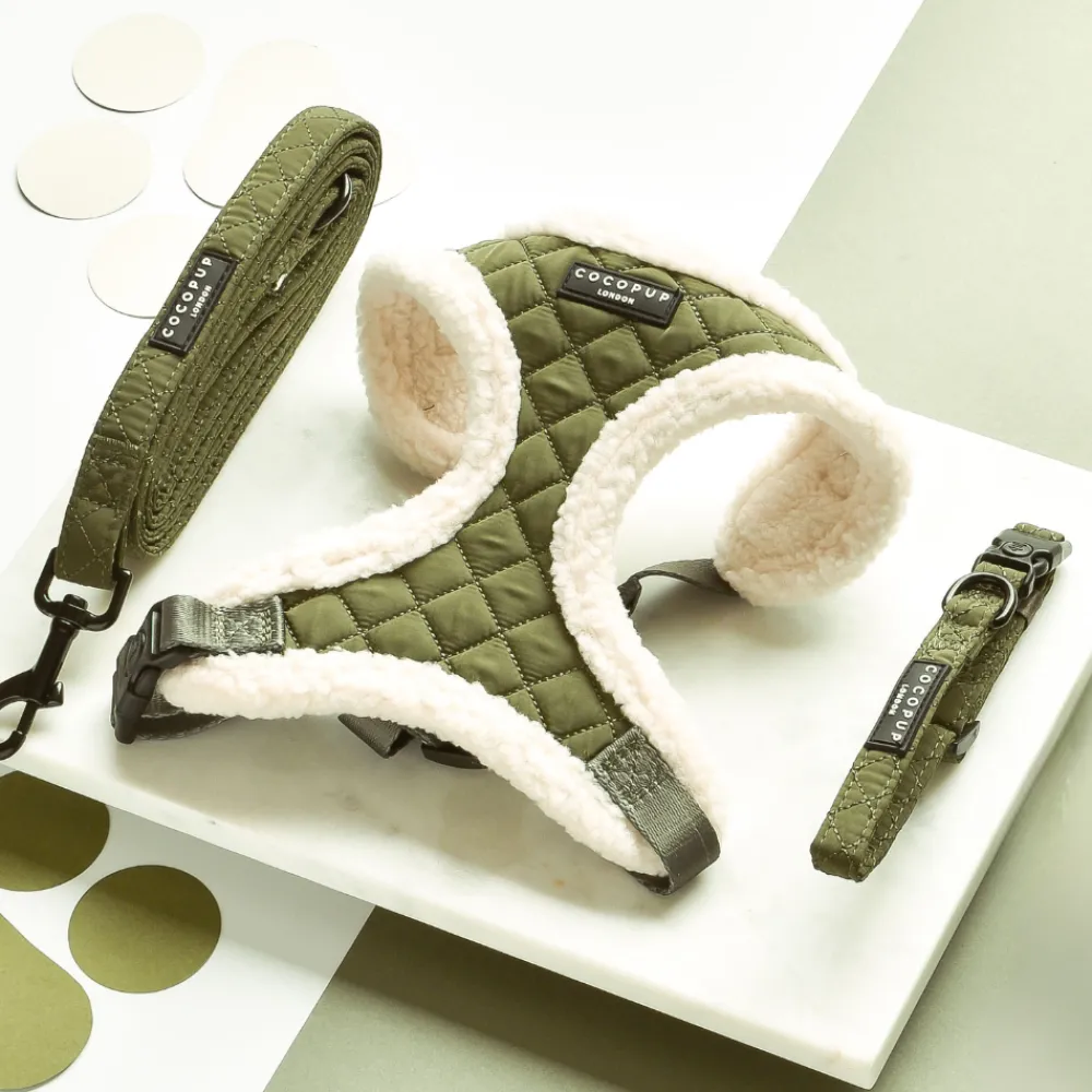 Cocopup Adjustable Harness Bundles-Khaki Quilted Adjustable Neck Harness, Lead & Collar Bundle