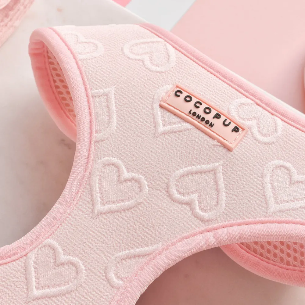 Cocopup Adjustable Harness Bundles-Luxe Baby Pink Heart Adjustable Neck Harness, Lead & Collar Bundle