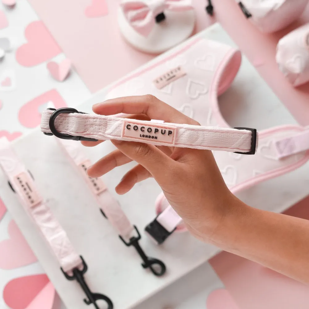 Cocopup Adjustable Harness Bundles-Luxe Baby Pink Heart Adjustable Neck Harness, Lead & Collar Bundle