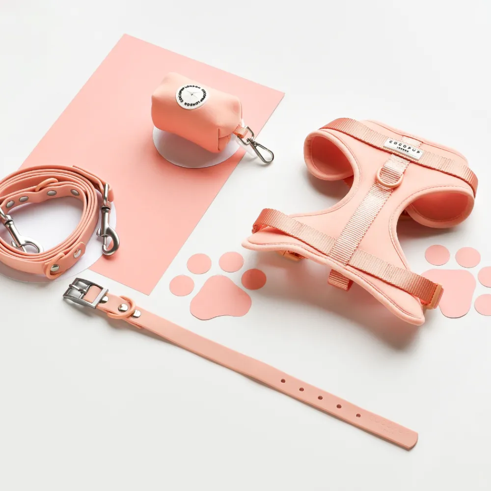 Cocopup Nakd D-Ring Harness Bundles | Nakd D-Ring Harnesses-NAKD Adjustable Neck Harness, Lead, Collar & Poop Bag Holder Bundle - Peach Floof