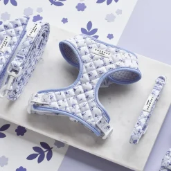 Cocopup Adjustable Harness Bundles-Quilted Ditsy Floral Periwinkle Adjustable Neck Harness, Lead & Collar Bundle