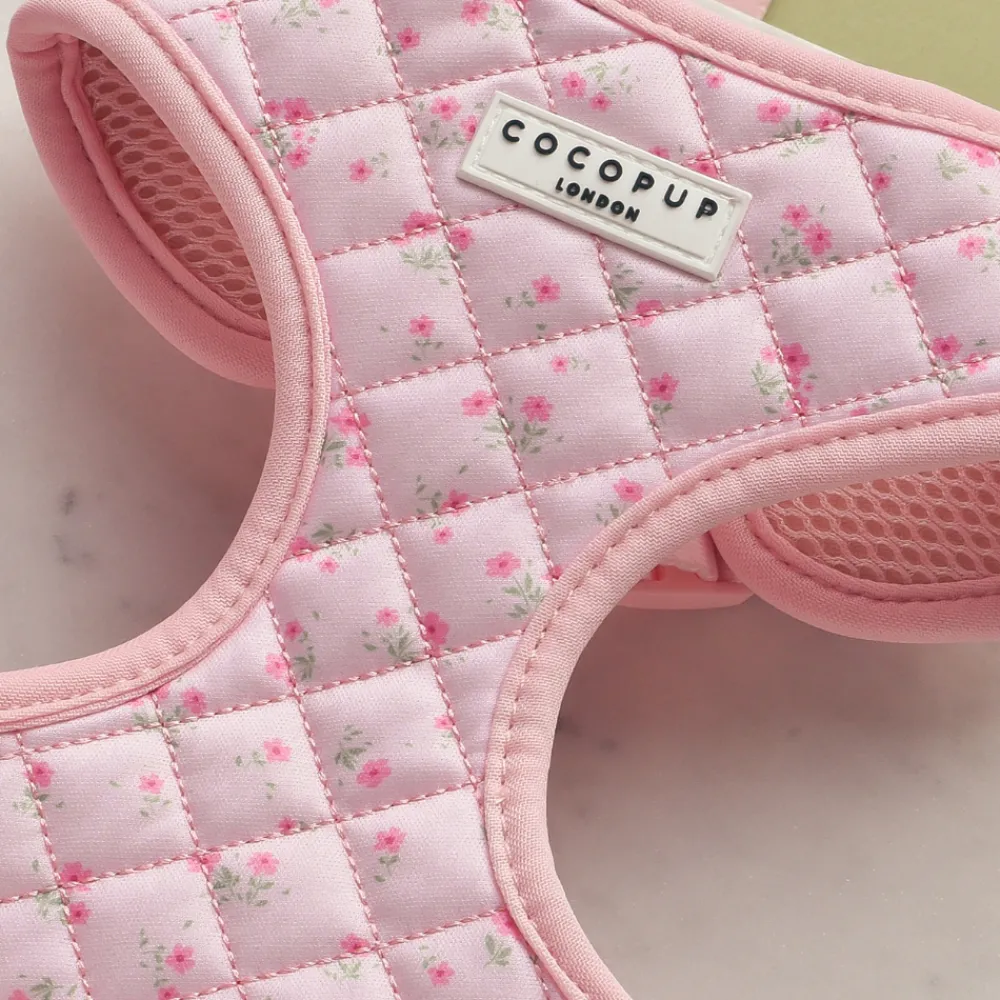 Cocopup Adjustable Harness Bundles-Quilted Ditsy Floral Pink Adjustable Neck Harness, Lead & Collar Bundle